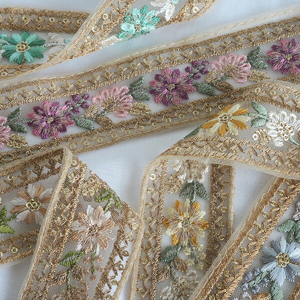 5cm幅 花柄インドゴールド刺繍チュールリボン ラメリボンたんぽぽ桜春色お花刺繍手...