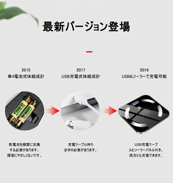 【GWも通常発送】【タイムセール】【1年間保証】【USB&ソーラーで充電】体重計 スマホ連動 体組成計 12項目測定可能 体脂肪計 高精度 デジタル スマートスケール ヘルスメーター カロリー BMI 健康管理 ダイエット 肥満の予防 シンプル コンパクト 日本語アプリ対応 母の日