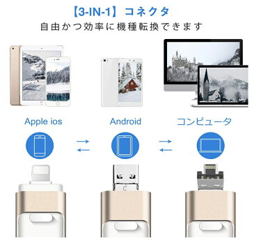 Apple iOS/Android/PC コンピュータ対応 64GB iPhone iPad iPod touchの容量不足解消 パスワード保護 高速データ転送 一本三役