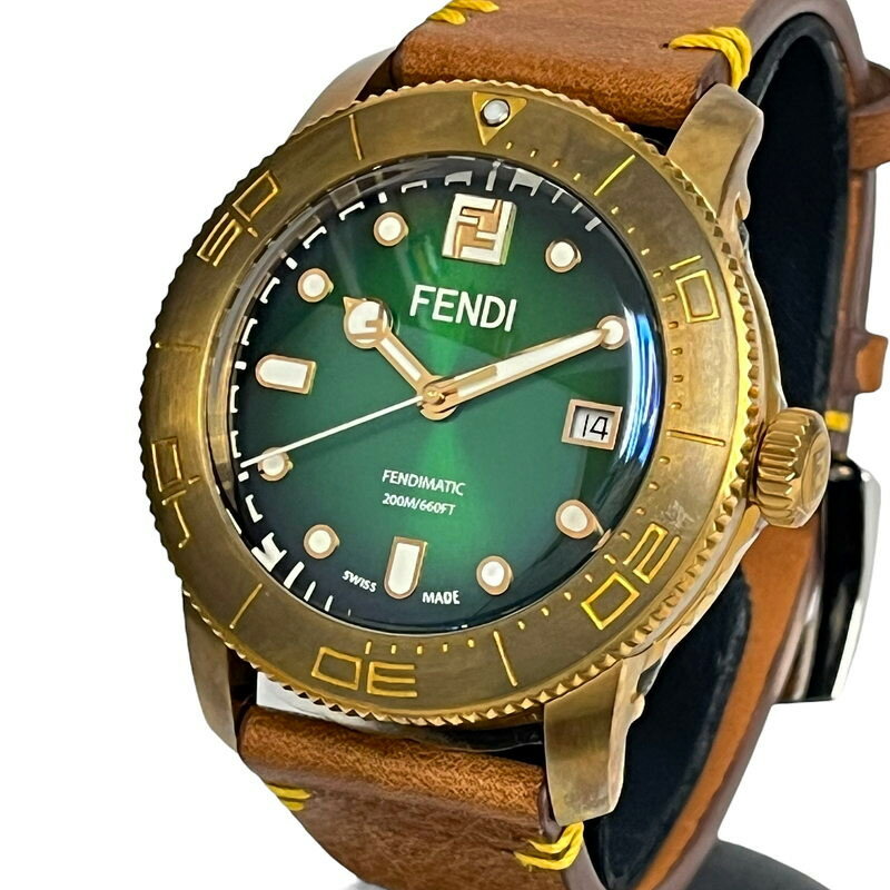 【FENDI/フェンディ】 000-131-037 アクアダイバー 限定800本 腕時計 スチール/レザー 自動巻き/オートマ 緑文字盤/ブロンズ/茶 メンズ【中古】【真子質店】【GD】【KKx】