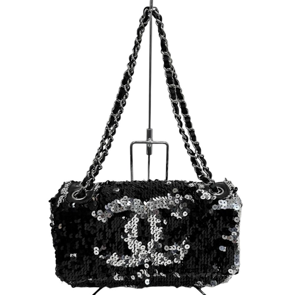 【CHANEL/シャネル】 スパンコール チェーンショルダー A38215 ロング＆ワンショルダー カード＆シール有 ショルダーバッグ レザー ブラック/シルバー レディース【中古】【真子質店】【GD】【TMoxx】