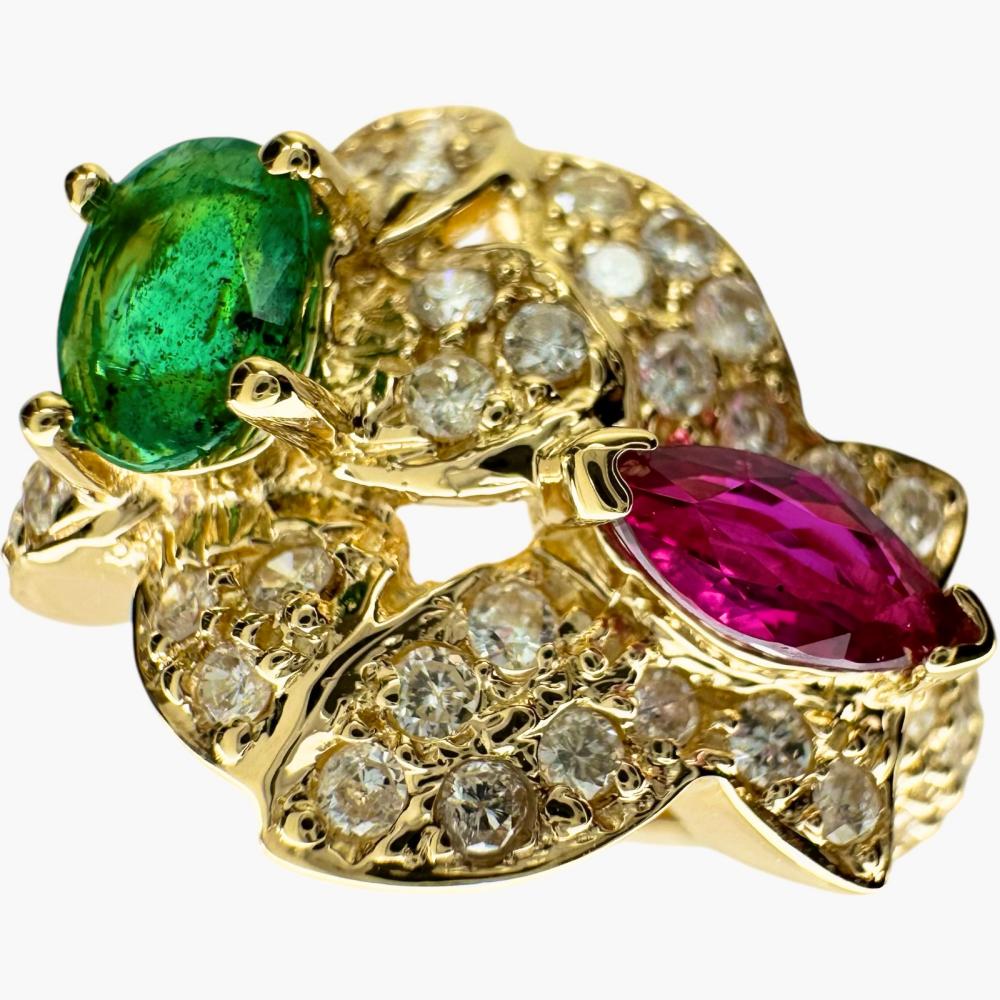 13号 花モチーフ エメラルド 0.45ct ルビー 0.33ct ダイヤモンド 0.51ct リング・指輪 K18ゴールド 18金 7.5g レディース【中古】【真子質店】【NN】【IIxx】