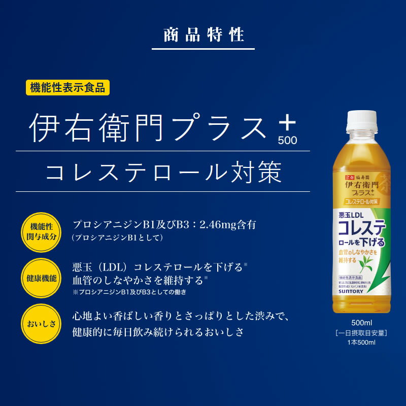 緑茶 伊右衛門プラス500コレステロール対策 500ml 24本【1ケース】ペットボトル お茶 健康茶 機能性表示食品 サントリー まとめ買い 送料無料 2