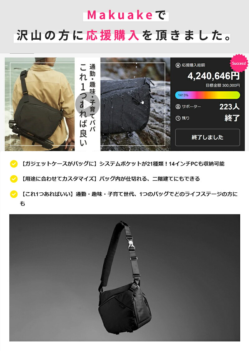 【Makuake公式】 スリングバッグ スリング バッグ kingsons pixelsling ブラック ガジェットケース ナイロンバッグ 14インチ PC ノートパソコン ショルダーバッグ 斜め掛けバッグ A4 ペットボトル Makuake マクアケ makuake-store-10001917 Makuake STORE 楽天市場店 サンプル画像2