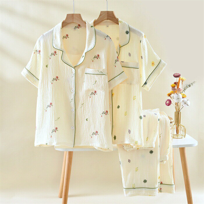 Rakuten - ダブルガーゼ 2重ガーゼ パジャマ ルームウェア レディース 春 夏 秋 半袖 総柄 花柄 折り襟 部屋着 セットアップ 前開き 長パンツ 寝間着 寝巻き パジャマ 綿100% ウエストゴム ガーゼコットン 柔らかい 上下セット 可愛い ガーゼ パジャマ 母の日 プレゼント