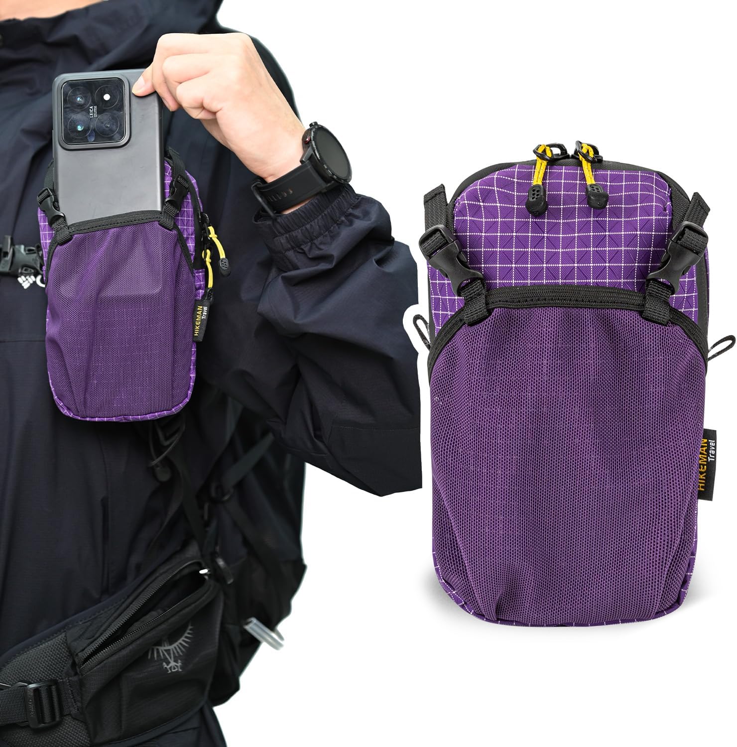 スマホポーチ リュック 取り付け 登山 アウトドア ベルトポーチ リュックにつける 登山用 ザックに付けて 6.5インチまで対応 便利 2台収納 ズレ防止 軽量 防水ファスナー メンズ 登山 旅行 作業 自転車用 通勤用 makuserushoji-10017079 ShiningShop サンプル画像2