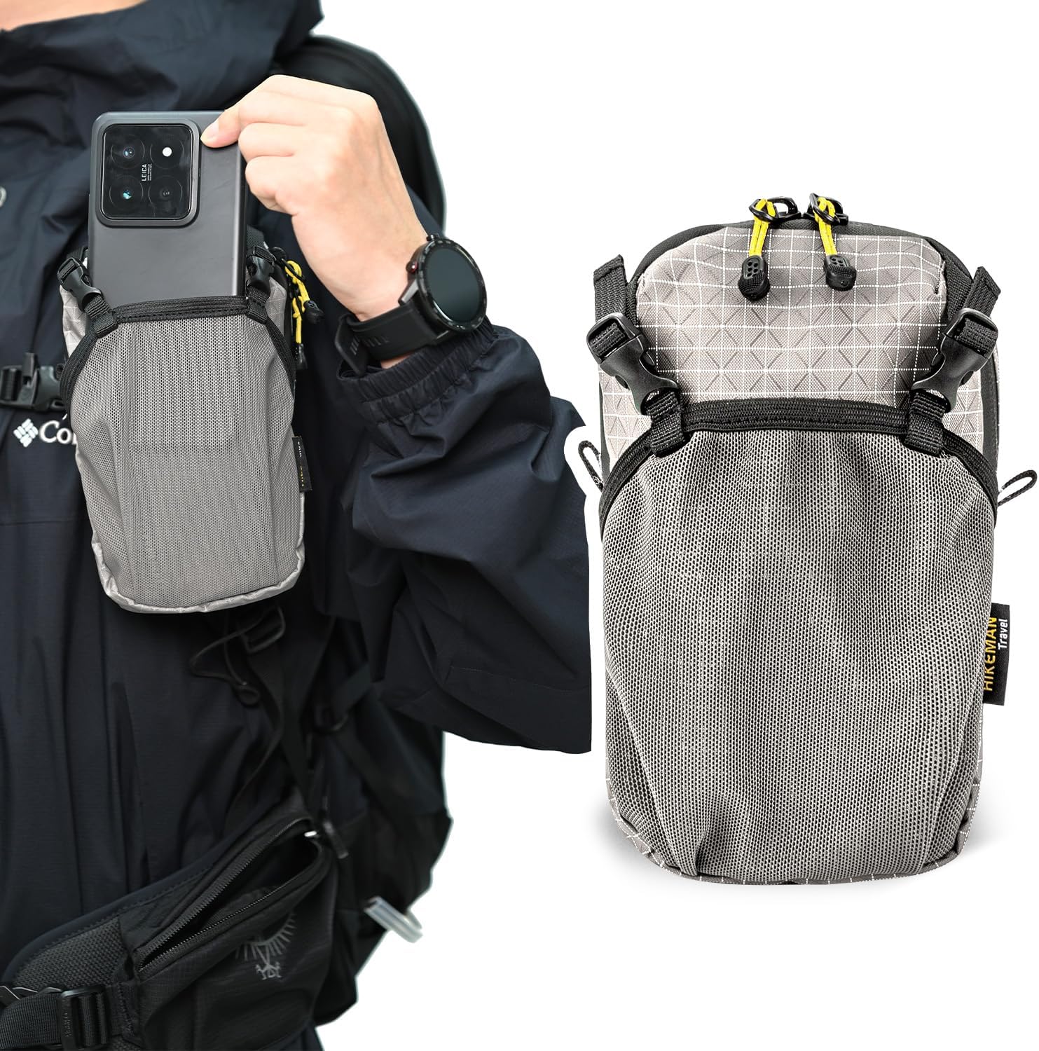 スマホポーチ リュック 取り付け 登山 アウトドア ベルトポーチ リュックにつける 登山用 ザックに付けて 6.5インチまで対応 便利 2台収納 ズレ防止 軽量 防水ファスナー メンズ 登山 旅行 作業 自転車用 通勤用 makuserushoji-10017079 ShiningShop サンプル画像3