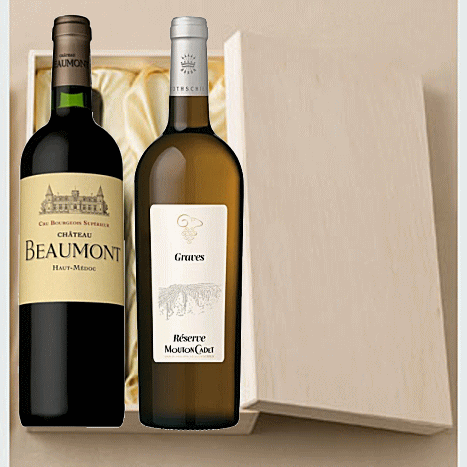 ボルドー高級赤白シャトーワイン2本木箱入りギフトBセット 送料無料S 飲み比べS リストつきS 【CHボーモン&ムートンカデ白】【~♪送料無料♪~九州・北海道・離島(沖縄など)・代引き手数料・クール便は別途費用が掛かります♪】【木箱を紙箱変更の場合、700円引き♪】