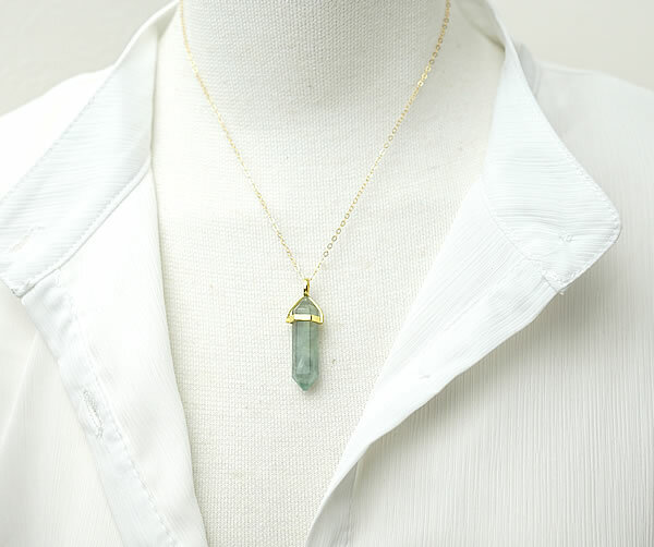 フローライト グリーンフローライト ダブルポイント 両剣ポイント ペンダント ネックレス 天然石 パワーストーン 蛍石 六角柱 ペンデュラム型 ゴールド イエローゴールド