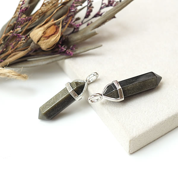 ゴールデンオブシディアン ダブルポイント 両剣ポイント ペンダント ネックレス 天然石 パワーストーン 魔除け 厄除け お守り 黒曜石 黒燿石 オブシディアン