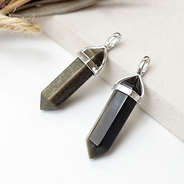 ゴールデンオブシディアン ダブルポイント 両剣ポイント ペンダント ネックレス 天然石 パワーストーン 魔除け 厄除け お守り 黒曜石 黒燿石 オブシディアン