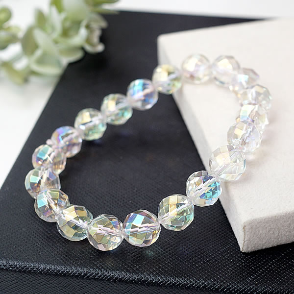 レインボーオーラ 72面カット 10mm ホワイトオーラ オーラクリスタル オーラクォーツ 蒸着水晶 ブレスレット 天然石 パワーストーン 幸運 開運