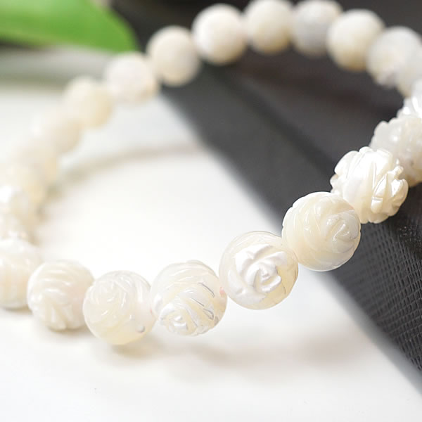 マザーオブパール ローズカット 薔薇 白 8mm ブレスレット 天然石 パワーストーン 白蝶貝 子育て 安産 恋愛 結婚