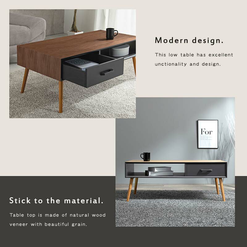 センターテーブル 天然木突板 引出し+オープンタイプ 幅100cm MT-6356 | 木製テーブル リビングテーブル ソファテーブル 傷や汚れに強いUV塗装 収納スペース 北欧 モダン 人気 おしゃれ [2]