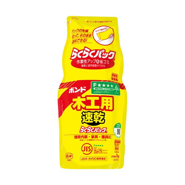 ■商品内容【ご注意事項】この商品は下記内容×2セットでお届けします。 木・紙・布同士や相互のスピード接着に。乾燥時間がボンド木工用の約半分！ホルムアルデヒド、フタル酸系可塑剤を使用していません。■商品スペック●主成分：酢酸ビニル樹脂系エマルジョン形・水性●種別：1kgらくらくパック■送料・配送についての注意事項●本商品の出荷目安は【3 - 6営業日　※土日・祝除く】となります。●お取り寄せ商品のため、稀にご注文入れ違い等により欠品・遅延となる場合がございます。●本商品は仕入元より配送となるため、沖縄・離島への配送はできません。[ #40301 ]