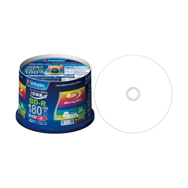 ■商品内容●25GBの録画用Blu-ray Disc、50枚入です。■商品スペック種類：BD-R(1層)容量：25GB録画再生時間：地上デジタル:3時間(180分)、BSデジタル:2時間10分(130分)対応倍速：1-6倍速レーベル：ホワイトワイドプリンタブルレーベル面ロゴ印字：ありケース：スピンドルケースインクジェットプリンタ対応：可その他仕様：●録画タイプ:1回録画■送料・配送についての注意事項●本商品の出荷目安は【1 - 5営業日　※土日・祝除く】となります。●お取り寄せ商品のため、稀にご注文入れ違い等により欠品・遅延となる場合がございます。●本商品は仕入元より配送となるため、沖縄・離島への配送はできません。[ VBR130RP50V4 ]