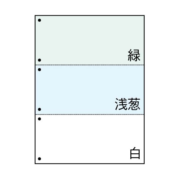 ■サイズ・色違い・関連商品■群青・白 2面4穴■群青・鶯・小豆 3面6穴■浅葱・緑 2面4穴■浅葱・緑・橙 3面6穴■緑・浅葱・白 3面6穴[当ページ]■緑・白 2面4穴■橙・浅葱 2面4穴■橙・浅葱・白 3面6穴■商品内容【ご注意事項】この商品は下記内容×3セットでお届けします。●3面、6穴のマルチプリンタ帳票。カラーは緑・浅葱・白です。●モノクロ印刷でも仕分けに便利なカラー用紙。●切り離しがカンタン!ミシン目入り。切り口キレイなクリアカットミシン加工●ファイル綴じ作業に便利なファイル穴付●保存に便利な保管箱入■商品スペックサイズ：A4寸法：297×210mmミシン目切り離し後サイズ：99×210mm面付：3面色：表面:緑・浅葱・白、裏面:白とじ穴：6穴とじ穴間隔：80mm坪量：64g/m2厚み：約0.08mm白色度：83%対応機種：レーザー・インクジェットプリンタ、コピー機など備考：※一部インクジェットプリンタの紙送りの構造上、印刷の不具合を起こす恐れがありますので、ご注意ください。※用紙の表面に品番等が印刷されております。※2020年10月頃より順次、原紙が海外紙から品質の安定した国産紙に切り替わります。原紙の変更に伴い白色度が約83%に、坪量が70g/m2→64g/m2変更になります。落ち着いた色合い、また手触り感などの風合いも若干変わります。■送料・配送についての注意事項●本商品の出荷目安は【1 - 5営業日　※土日・祝除く】となります。●お取り寄せ商品のため、稀にご注文入れ違い等により欠品・遅延となる場合がございます。●本商品は仕入元より配送となるため、沖縄・離島への配送はできません。[ FSCT2223S ]