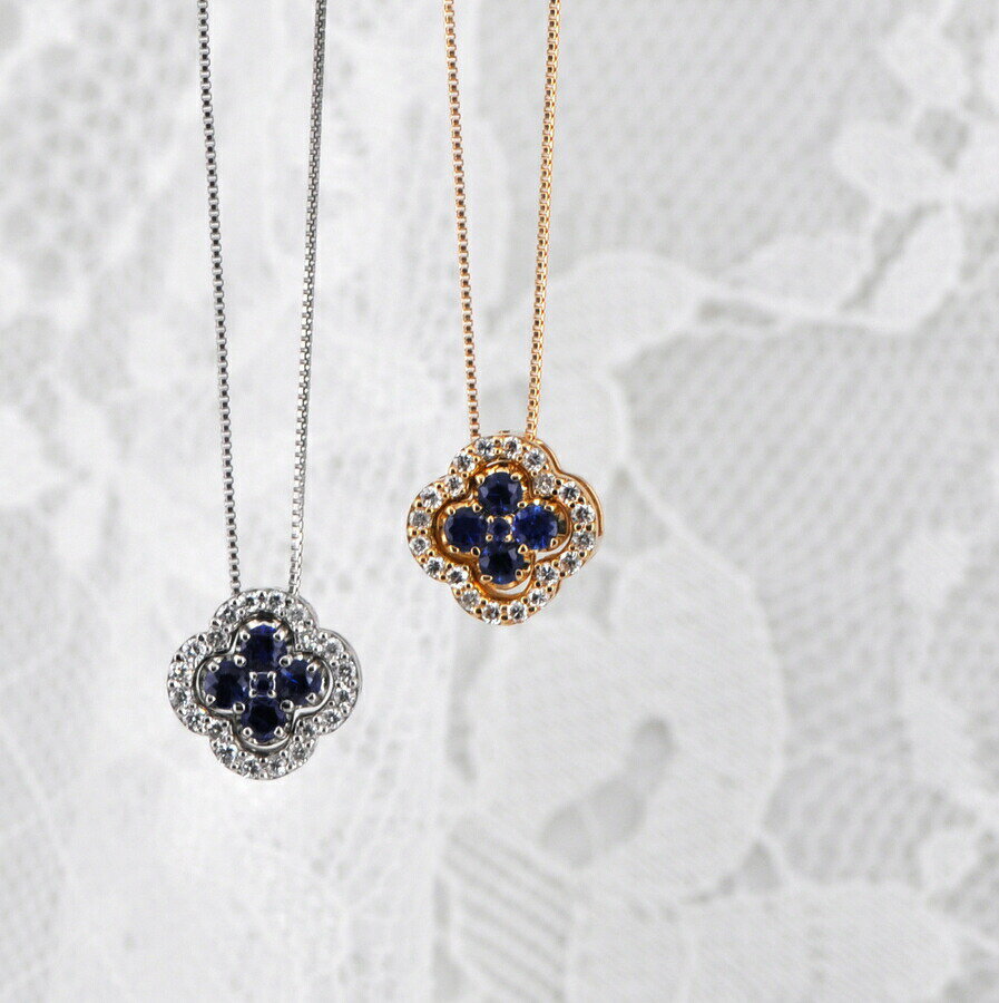 【10％OFFクーポン】【即納可】 サファイア ダイヤモンド ネックレス 0.2カラット 18金 イエローゴールド k18 ピンクゴールド 18k クローバー フラワー 花 華 幸運 天然 9月 誕生石 ジュエリー 日本製 ギフト プレゼント 敬老の日 シンプル