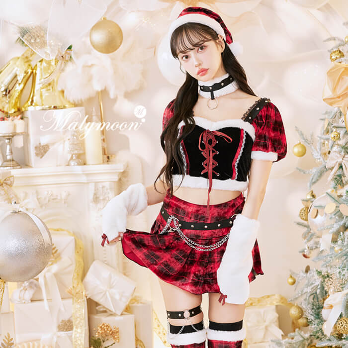 [正規品]サンタ クリスマス コスプレ 中村里砂 仮装 衣装 レッド ブラック パンク ロック Xmas サンタコス コスチューム チェック柄 女性 レディース 一式 マリームーン malymoon 【9691-3】