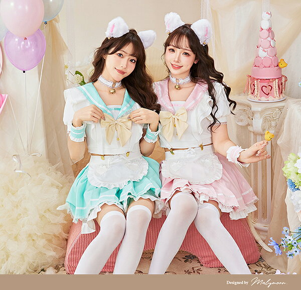 Malymoon(マリームーン)の【即納】[正規品]コスプレ セーラー キャット 制服 スクールガール 猫耳 パステル 学生 お揃い ネコ サスペンダー セットアップ コスチューム 衣装 仮装 レディース cosplay costume マリームーン malymoon【9941】｜アングル2