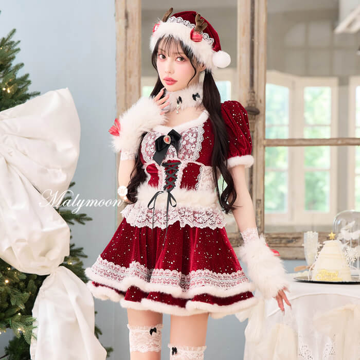 [正規品]【即納】コスプレ クリスマス サンタ サンタクロース トナカイ レースアップ ベロア レッド ブラック 仮装 コスプレ 女性 レディース 一式 マリームーン【CS25053】