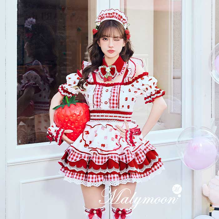 [正規品]【予約-2月中旬頃より順次発送予定】コスプレ メイド ウエイトレス 苺 いちご 赤 レッド フリル 仮装 可愛い 女性 レディース 一式 マリームーン malymoon【CS25212】
