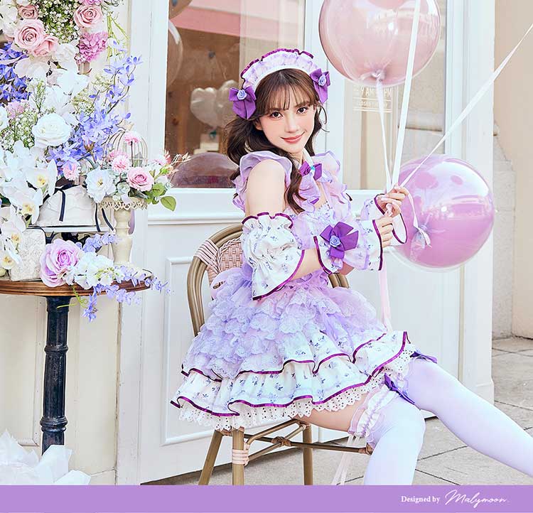 [正規品]【ピンクは予約】コスプレ メイド ウエイトレス ピンク パープル 花 小花柄 パステル オフショル フリル 仮装 可愛い 女性 レディース 一式 マリームーン malymoon【CS25213】 2