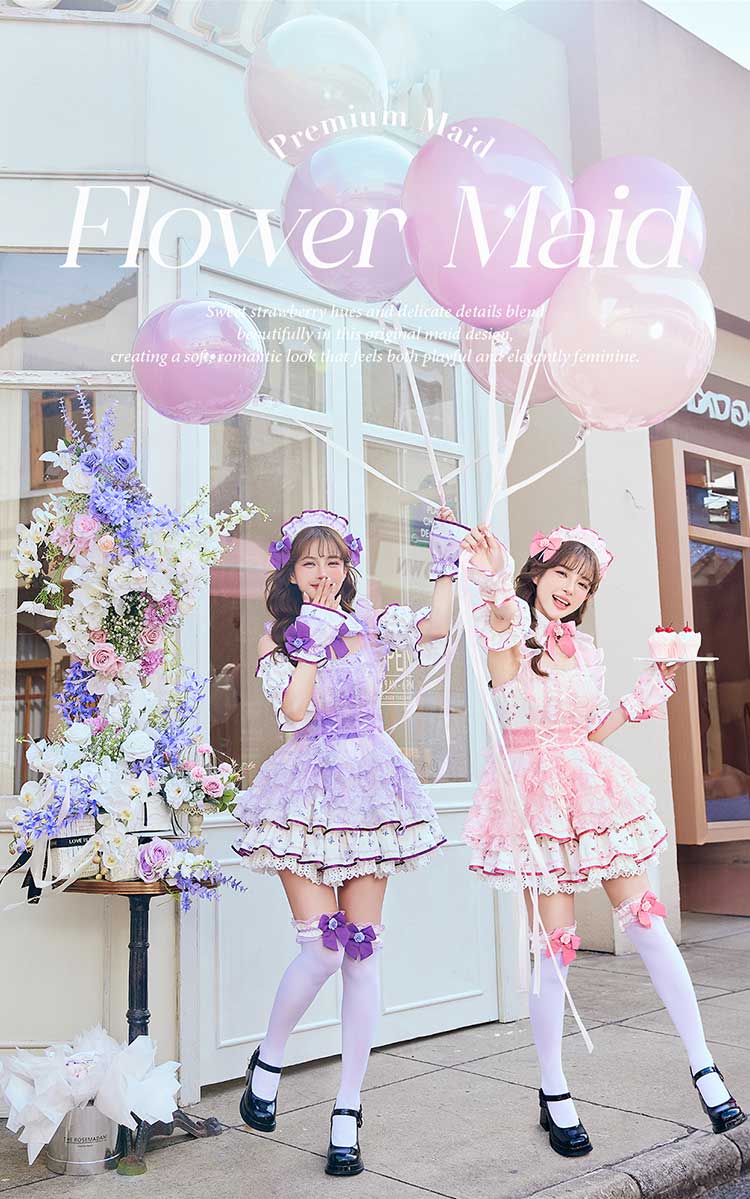 [正規品]【ピンクは予約】コスプレ メイド ウエイトレス ピンク パープル 花 小花柄 パステル オフショル フリル 仮装 可愛い 女性 レディース 一式 マリームーン malymoon【CS25213】 3