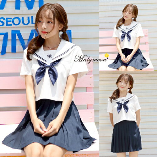 コスプレ セーラー服 半袖 制服 女子高生 リボン セクシー コスプレ衣装 ミニスカ 学生服 余興 半袖 プリーツスカート 私立 高校生 ネイビー 紺 コスチューム malymoon 可愛いコスプレ【9014】