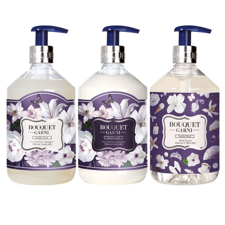 韓国発ブランド 3点セット 香り長持ち Bouquet Garni シャンプー+トリートメント+ボディシャワー バニラムスクの香り 各500mlヘアケア ボディ...