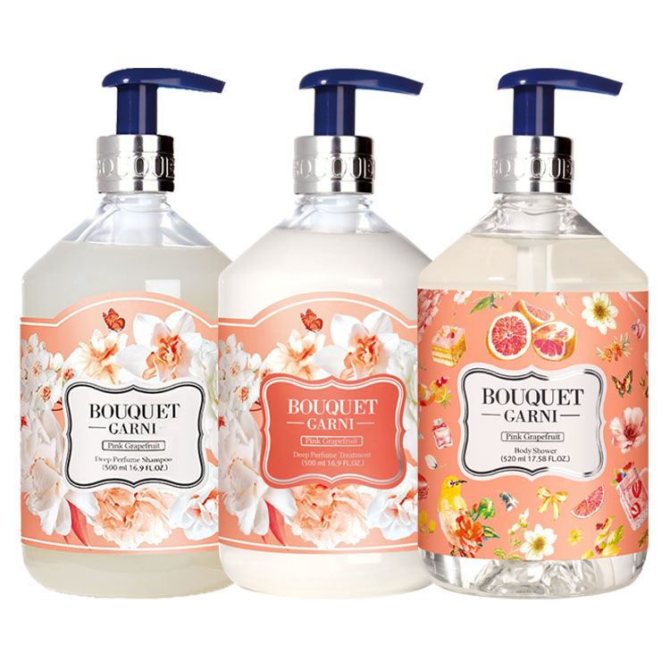 韓国発ブランド 3点セット 香り長持ち Bouquet Garni シャンプー+トリートメント+ボディシャワー ピンクグレープフルーツの香り 各500mlヘアケ...