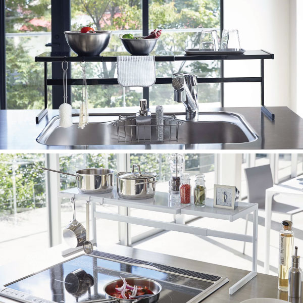 キッチンラック 【ポイント最大24倍】 スリム 伸縮 おしゃれ シンク上 コンロサイド ラック 調味料棚 収納ラック 収納棚 スライド ブラック ホワイト 隙間収納 棚 北欧 インテリア雑貨 スチール製 山崎実業 toewr( 伸縮キッチンサポートラック タワー )