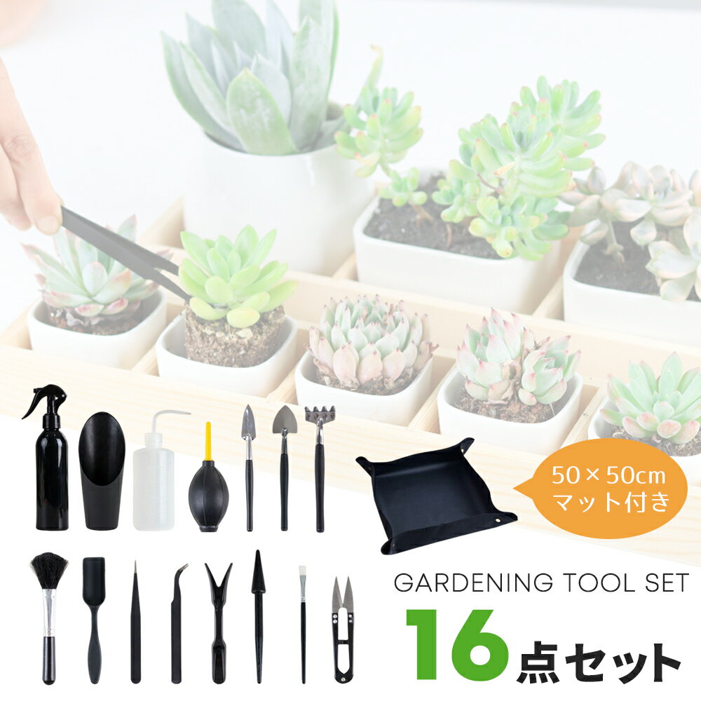 【お得なクーポン有り】ガーデニングツール 16点 多肉 ツール 道具 多肉植物 寄せ植え 移植 ミニ ガーデニング スコップ 園芸シート ガーデニングセット シャベル 霧吹き ハサミ ミニレーキ ハケ スターターのサムネイル
