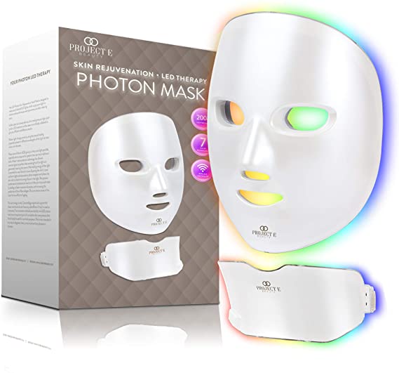  7色LEDマスクフェイス＆ネック フォトンライトセラピー肌の若返り、コラーゲン、しわ、フェイシャルスキンケアワイヤレスマスク（フェイス＆ネック）プロジェクト E ビューティ ※初期不良・故障に対応・3か月保証付き