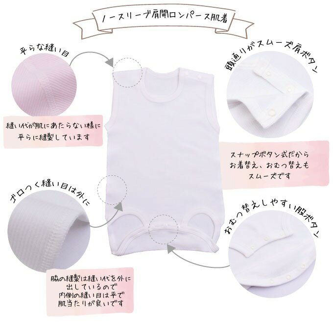 【 日本製 】【ノースリーブ 肩開ロンパース】のびのびシリーズ 肌着 キッズ ベビー ノースリーブ 肌着 赤ちゃん 肌着 ベビー パジャマ 袖なし ロンパース 無地 ベビー服 子供 綿 100% 赤ちゃん ベビー肌着 半袖 ボディ肌着 出産準備 お祝い ギフト 出産祝い 保育園 2