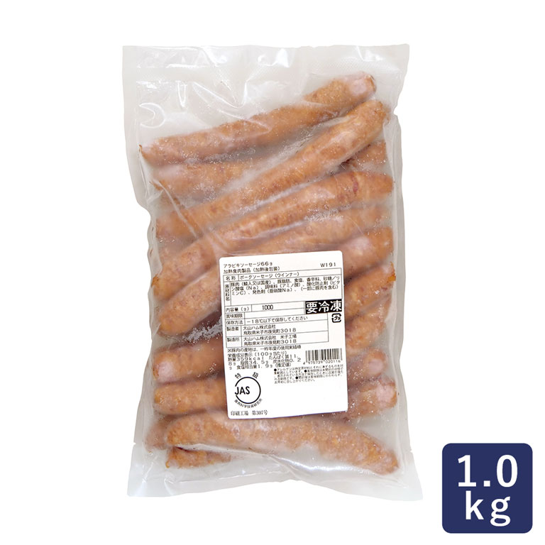 ■ただ今のお買い得アイテムはこちらからチェック！ 商品詳細 product 保存料 不使用 加熱食肉製品（加熱後包装） スモークの風味豊かに仕上げられたあらびきソーセージです。 太めの天然羊腸を使用したロングタイプで、パリッとした皮とジューシーな肉感をお楽しみいただけます。 ホットドッグやフランクロールなどの惣菜パン、お料理など様々な場面で活躍します。 本品は冷凍品となり、解凍開封後にドリップ(汁気)が出てくる場合がございます。 美味しくお召し上がりいただくために、汁気をキッチンペーパー等で拭き取ってお使いください。 長さ：約18cm 1本あたり：約66g 入数：約15本 ※記載は目安です。前後する場合があります。 ▼パンやお料理に♪肉加工品カタログ 購入前のご確認事項 ・賞味期限の目安：商品発送時、残り30日以上 ・配送方法：【冷凍】のみで同梱発送（ご注文商品によります） ・ご確認事項：※豚肉の産地は、一昨年度の使用実績順 ※こちらはお取りよせ商品のため、ご注文から発送まで7日前後かかる場合がございます。恐れ入りますが、お早めにご注文をお願いします。また、ご注文後のキャンセル、お客様のご都合によるご返品などはお受けできませんので、予めご了承くださいませ。 ※情報更新のタイミングによっては、商品ラベルに記載の内容と異なる場合があります。ご使用の際は、商品ラベルを十分にご確認の上、ご使用ください。気になる点がございましたら、メールにてお問い合わせをお願いします。 原材料、原産国 名称 ポークソーセージ（ウィンナー） 原材料名 豚肉（輸入又は国産）、豚脂肪、食塩、香辛料、砂糖／リン酸塩（Na）、調味料（アミノ酸）、酸化防止剤（ビタミンC）、発色剤（亜硝酸Na）、（一部に豚肉を含む） 保存方法 -18℃以下で保存してください。 製造者 大山ハム株式会社 鳥取県米子市夜見町3018 製造所 大山ハム株式会社 米子工場 鳥取県米子市夜見町3018 使用上の注意 ・賞味期限は未開封の状態で、表示されている方法で保存したときに品質が保たれる期限です。 ・開封後は賞味期限にかかわらず、お早めにお召し上がりください。 バーコード 4975739020116 成分表示 栄養成分表示（100g当たり） 熱量 359kcal たんぱく質 11.8g 脂質 34.5g 炭水化物 0.2g 食塩相当量 1.9g （この表示値は、目安です。） この商品のアレルギー表示について 原材料に使用しているもの 特定原材料9品目は含まれておりません。 その他この商品についてのアレルギー情報 豚肉（その他原材料に使用しているもの） （2026年6月19日更新） ただ今のイチオシ