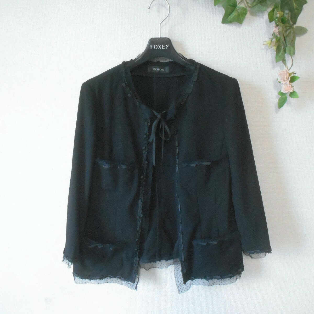 【中古】インゲボルグ INGEBORG ノーカラー ジャケット 7分袖 レディース M 春 夏 ドット チュール
