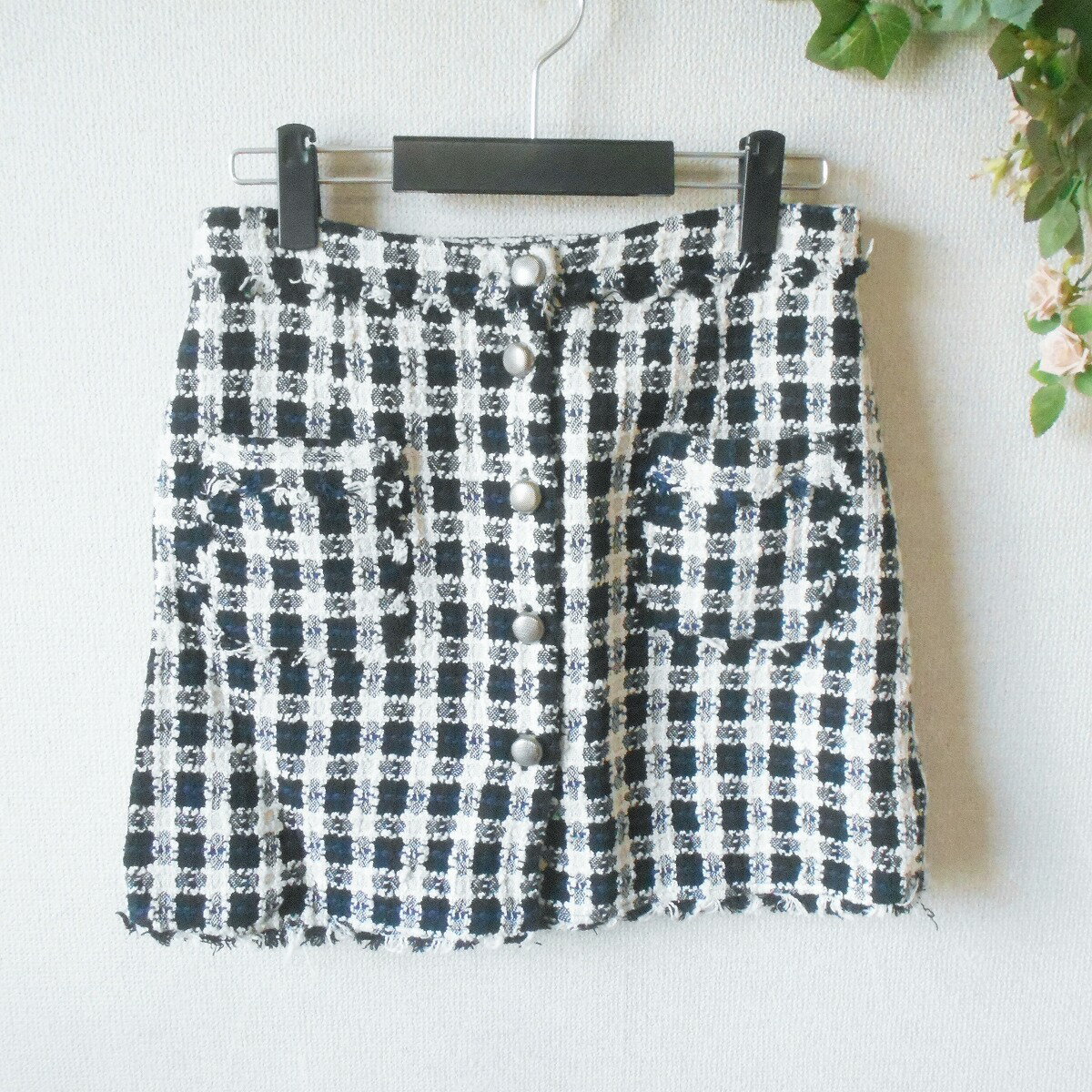Rakuten - 【中古】ザラ ベーシック ZARA BASIC スカート L 秋 冬 フリンジ 使用 チェック 柄 ツイード レディース