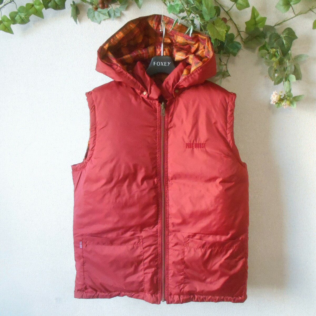 【中古】ピンクハウス PINK HOUSE ダウン ベスト ジレ 2way リバーシブル ロゴ 刺繍 入り ジップアップ レディース 秋 冬(4.0)