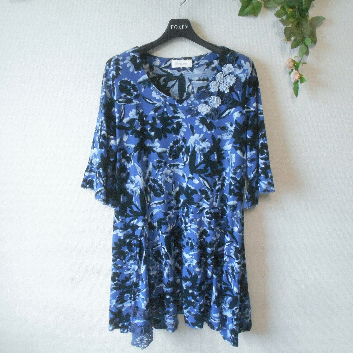 【中古】ピアリマーマ Perimurmur チュニック ワンピース 5分袖 春 夏 お花 モチーフ レース 日本製