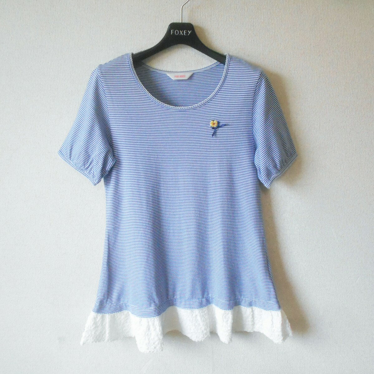 Short Sleeves - 【中古】ピンクハウス PINK HOUSE チュニック カットソー 裾 フリル 刺繍 ボーダー 日本製