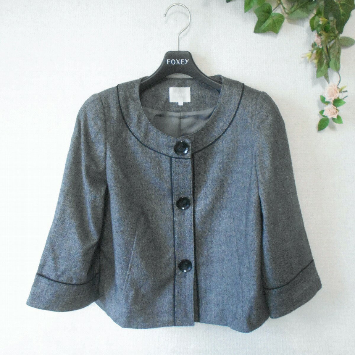 【中古】自由区 ジユウク オンワード樫山 ジャケット ノーカラー 7分袖 シルク カシミヤ ブレンド 38 秋 冬 レディース