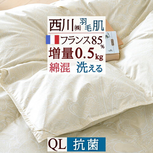 [9/4〜1500円大幅値引!]＆200円クーポン★西川 羽毛肌掛け布団 クィーン クイーン 羽毛布団 夏用 ダウンケット ホワイトダウン85% 『増量0.5kg 』洗える ウォッシャブル 抗菌 東京西川 西川リビング 薄手 薄い クイーンサイズ