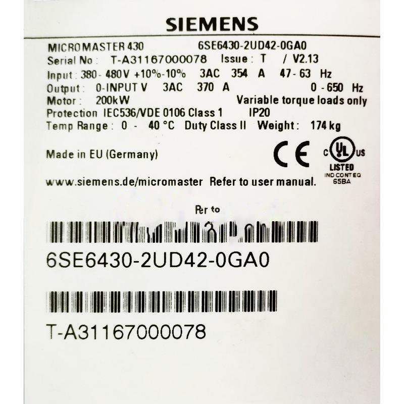 【新品 東京発 ★適格請求書発行可★】SIEMENS シーメンス インバータ 6SE6430-2UD42-0GA0 MM430 480V 200KW【6ヶ月保証】