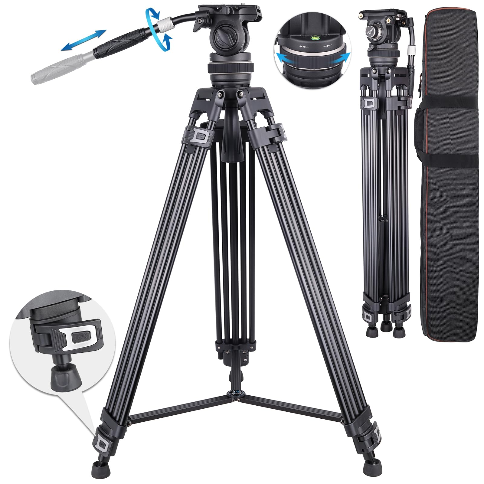 ARTCISE プロ級 ビデオ三脚 全高1880MM 最大耐荷重10kg 写真三脚 アルミ製フルード雲台付き 3段階伸縮 多場景適用 レバー式 撮影三脚 キャリングバッグ付き 持ち運び便利 ビデオカメラ対応(MF80-FH11)
