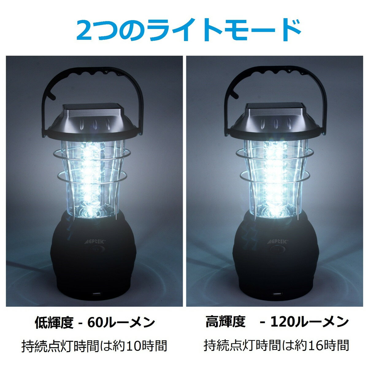 AGPTEK LEDランタン 36灯 5種充電モード-USB、手回し、ソーラー、電池、車載充電 2つのライトモード-60ルーメン&120ルーメン アウトドア 充電式 懐中電灯 キャンプランタン スライド式 ポータブル テントライト停電 防災対策 登山 夜釣り ハイキング アウトドア キャンプ用通販格安セール情報 楽天 通販