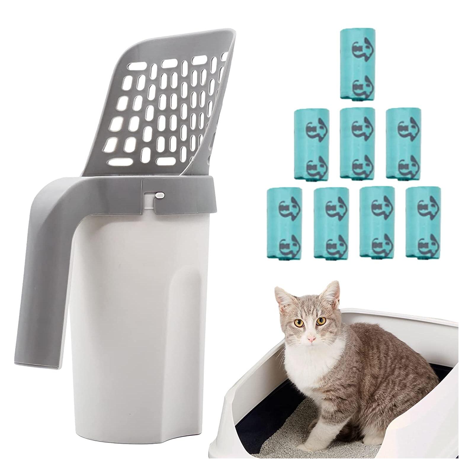 【スタンド付き2in1シャベル】猫砂シャベル＋猫砂箱＋ゴミ袋の組み合わせのユニークなデザインです。 掃除も回収もオールインワン、ただのシャベルだけではなく、予備のバッグも付いているので、片手でペットの排泄物を片付けることができ、とても便利で毎日のお掃除に適しています。 【デザイン性と機能性が高い】数多くの猫トイレスコップと猫砂スコップの候補製品から勝ち抜き、猫スコップと独特な収納用コンテナがぴったり合体でき、まさに芸術性と機能性を兼ね備える逸品です。 【135カウントのゴミ袋とペットの糞袋ディスペンサー】135カウントの糞ゴミ袋が含まれています。これらのバッグは高品質の香水で作られており、缶詰のゴミの臭いを効果的に減らすことができます。パッケージにはバッグディスペンサーも含まれています。ディスペンサーに予備のバッグを入れて、バッグや犬の首輪に掛けて簡単に旅行したり、装飾として使用したりできます。 【環境に優しい製品】猫砂シャベルの収納用コンテナが塵取として使えるため、砂取り用品として猫砂が床を汚れることがなく、ゴミ袋の使用減少で、ゴミ分類の負担軽減も実現し、環境保全に貢献できます。 【絶妙な穴の大きさ】ネコトイレスコップの穴間隔は8mmで、全体に施された穴でシッカリすくい、うまく余分な猫砂が落ちて砂の節約ができます。猫砂のお手入れに役たち、 すくう・ふるい落とし・捨てるといった作業が一気に完成します。 【優れる材質とお洒落加工】良質なABS粒子を採用で、軽さと硬度をバランスよく保ち、使い勝手の良さと長持ちを兼備し、超音波の溶着で製品表面はつるつるで高級感が溢れ、製品のより美しさを実感できます。 【抜群の安定性】巧妙な角度を作って猫用スコップセットが自立でき、非常に安定で、場所を取らず、 とてもスッキリ！カッコ良くて、なかなか猫トイレ用品には見えません。 【快適なハンドルとユニークな中空デザイン】人間工学に適したハンドルは、ごみ箱からすくうときに曲がったり、壊れたり、揺れたりするのを防ぎます。 また、トイレで手を汚すことなく、猫のうんちをすばやくきれいにします。長年の経験に基づいて、あらゆる形状のケーキ砂をすばやく分離する独自の中空猫砂用スクープを設計しました。 【アドバイス】当社のスプーンは、子猫や子犬のいるご家庭に適しています。 1～2日おきにトイレを掃除することをお勧めします。非常に大きな塊の場合は、すくう前にスプーンの端を使用して塊を半分に切ることができます。また、犬の散歩にディスペンサーとゴミ袋を持っていくと、犬のうんちの問題に対処しやすくなります。 【商品仕様】 MYPIN 一体型猫砂シャベル スタンド付き バケツのサイズ：約16 x 12 x 29cm ケーキ砂専用 片手で袋に直接すくう 面倒な家事が少し楽になる 【パッケージ】 1 * スタンド付き猫用スプーン 135*ゴミ袋（15袋×9箱） 1 * ペット用便袋分配器当商品の関連商品も取り扱っております ワイヤレスチャイム ペットチャイム 呼び鈴 電池不要 (送信機1 受信機2) 新しいアップグレードされたペットの犬と猫のペットのグルーミングハンモック 自動給餌器 猫 犬用 タイマー式 ペット自動餌やり器 6L大容量 手動給餌可