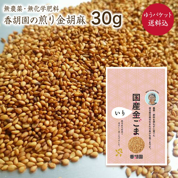 【ゆうパケット 送料無料】【煎りごま 30g】 かすみの金胡麻 煎り胡麻 香胡園 令和5年産 無農薬 無化学肥料栽培 埼玉県産 自然栽培 いりごま 金ごま