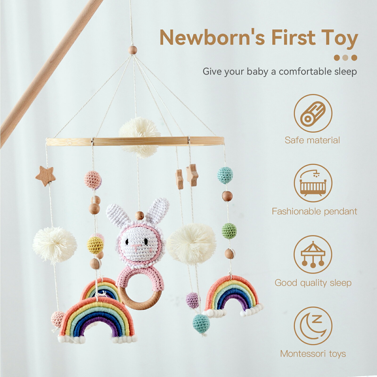 【送料無料】Mamimami Home ベッドメリー 木製モービル 動物 ブルー ゆらゆら 北欧風 羊毛フェルト 風鈴 吊り下げ式 ベッド飾り 撮影道具 ビーズ 子供部屋 出産準備 出産祝い プレゼント 赤ちゃん ベビー 寝かしつけ用品 木のおもちゃ 2