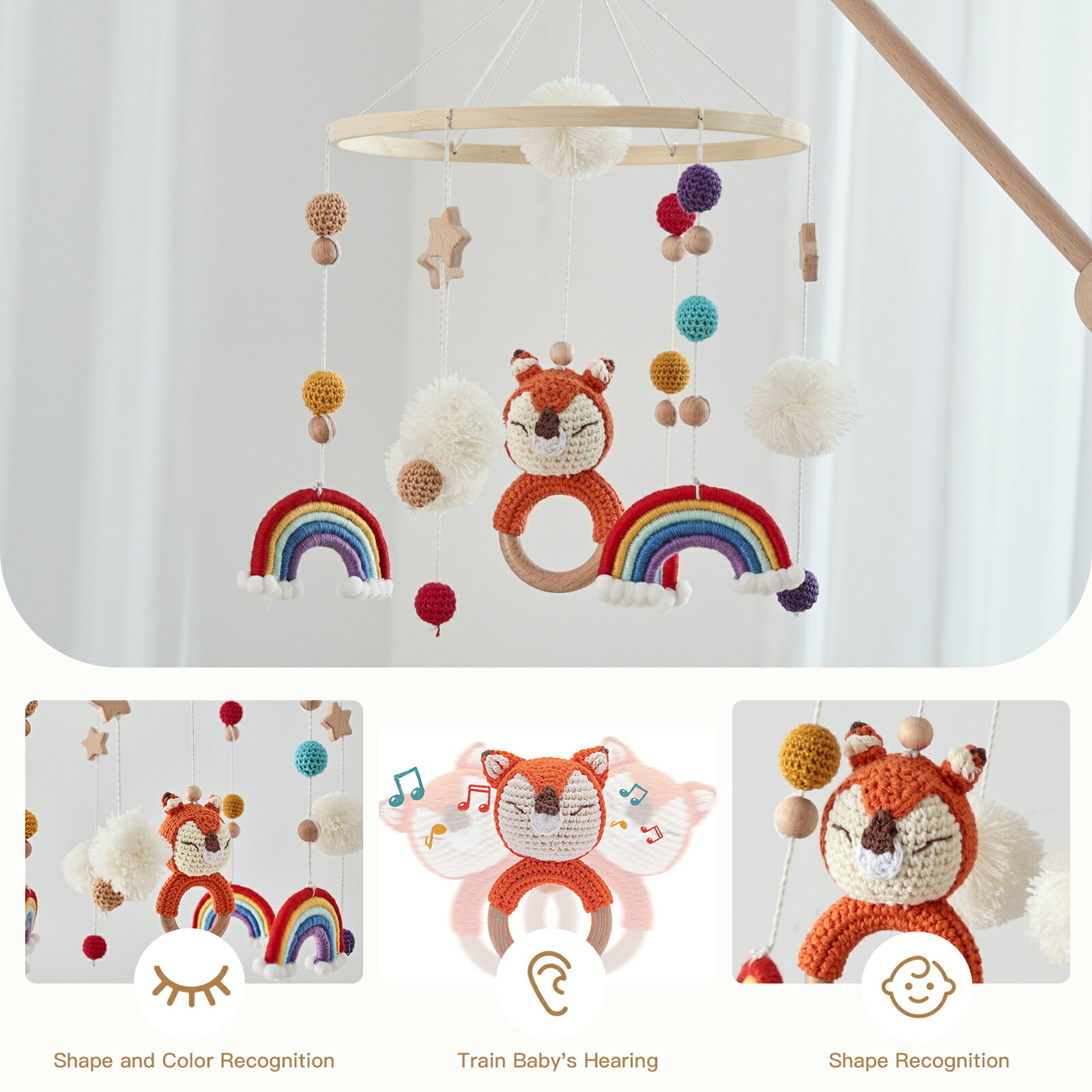 【送料無料】Mamimami Home ベッドメリー 木製モービル 動物 ブルー ゆらゆら 北欧風 羊毛フェルト 風鈴 吊り下げ式 ベッド飾り 撮影道具 ビーズ 子供部屋 出産準備 出産祝い プレゼント 赤ちゃん ベビー 寝かしつけ用品 木のおもちゃ 3